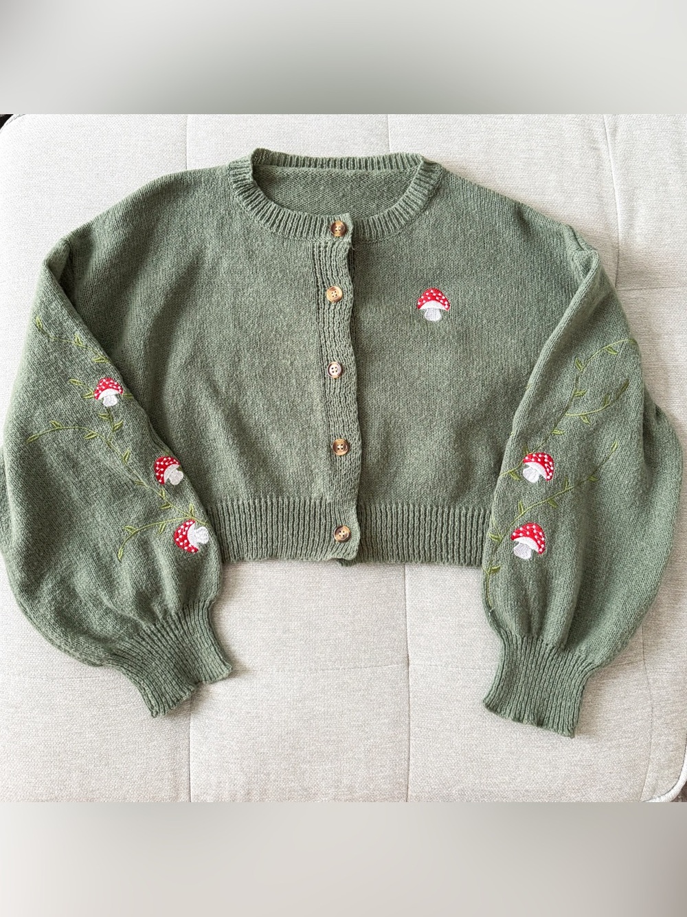 Fairycore Mushroom Embroidered Cropped Cardigan Green Cottagecore Large